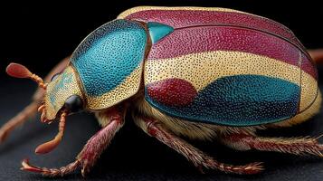 Colorful beetle with striking blue, red, and gold patterns resting on a dark surface illuminated by light photo