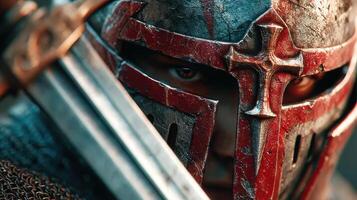 Knight in armor staring intensely with sword near face during battle preparation at dawn in a historical setting photo