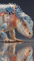 Luminous creature rests beside reflective surface in creative aquatic environment photo