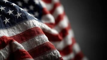 Close-up view of an American flag with intricate fabric textures in soft lighting photo