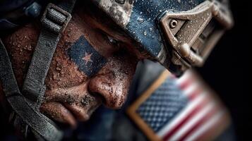 Soldier with face paint and weathered expression during a rainstorm in a military operation zone photo