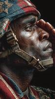 Soldier saluting with patriotic headgear during a moment of reflection in a solemn setting photo