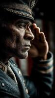 Portrait of a soldier in uniform saluting with respect in a solemn setting during sunset photo