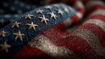 Fabric texture of American flag showcasing intricate details and vibrant colors in warm lighting photo