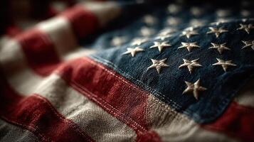 Close-up view of an American flag featuring intricately stitched stars and stripes in natural light photo