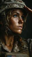 Military woman in combat gear saluting during a mission photo