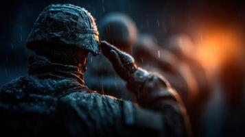 Soldiers salute in the rain during a military ceremony at dusk, honoring their comrades and reflecting on duty and sacrifice photo