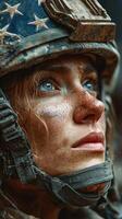 Focused soldier looks upward in a moment of determination during a mission in a rugged environment photo