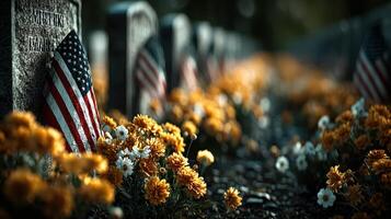Vibrant flowers surround gravestones adorned with American flags during a serene memorial service in a peaceful cemetery photo
