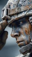 Soldier in combat uniform saluting with paint on face during training exercise in outdoor setting photo