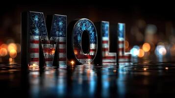 Colorful city lights reflecting on shiny letters at night showcasing vibrant urban atmosphere photo