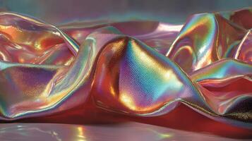 Textured iridescent fabric drapes elegantly on a surface, reflecting vibrant colors in soft light photo
