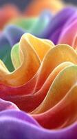Colorful fabric waves display vibrant hues of orange, purple, and yellow in a close-up view showcasing texture and design techniques photo