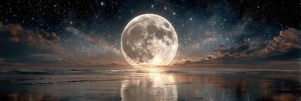 Stunning full moon reflecting on tranquil ocean waters under a starry sky at night photo