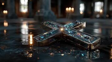Intricate cross with blue gemstones resting on reflective marble floor in a dimly lit room photo