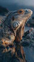 Iguana rests near water during sunset, showcasing textures and colors in natural habitat photo