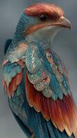 Colorful bird perched in natural light showcasing intricate feather patterns and details photo