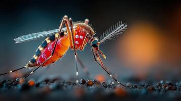 Close-up view of a colorful mosquito resting on a surface in low light conditions photo