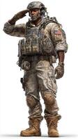 Soldier saluting in military attire, showing respect and readiness in a combat environment photo