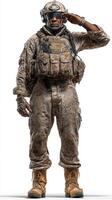 Soldier in camouflage gear saluting on military duty during a training exercise in a desert environment photo