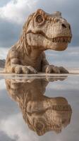 Massive dinosaur statue is reflected in shallow water beneath a cloudy sky in a remote desert location photo