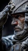Soldier performing a salute during a military ceremony in a cold, rugged environment at dusk photo