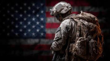 Soldier in tactical gear stands proudly against a faded American flag under atmospheric lighting photo