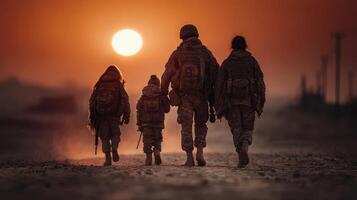 Soldiers walking with children at sunset in a desert setting showcasing family bonds and military connection photo