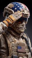 Soldier saluting with American flag themed helmet, showcasing military gear and dedication to service during a mission photo