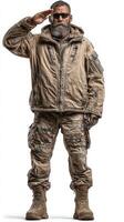 Realistic depiction of a soldier in tactical gear saluting in a neutral background photo