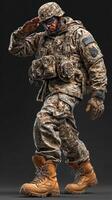 Soldier in desert camouflage uniform salutes during a military event in a solemn display of respect and honor photo