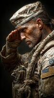 Saluting soldier in camouflage uniform displays respect and dedication during a military tribute in a somber setting photo