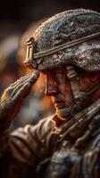 Soldier saluting with determination in a snowy landscape during dusk, symbolizing bravery and commitment to duty photo