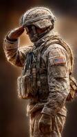 Soldier in military uniform salutes during a dusty sunset, showcasing dedication and respect in a challenging environment photo