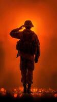 Soldier saluting at sunset in a dramatic orange atmosphere during a military tribute photo