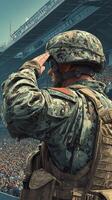 Soldier saluting at a crowded stadium during a military tribute event photo