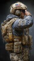 Military personnel in tactical gear salutes during a cold, wet training exercise at an outdoor location in winter photo