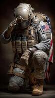 Soldier in advanced military gear saluting while kneeling in a respectful pose during a memorial event photo