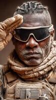 Soldier saluting with determination in a dusty environment during a military operation photo