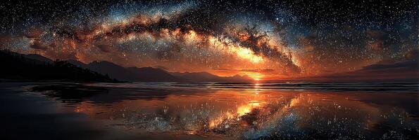 Majestic night sky filled with stars and galactic arc reflected on calm ocean waters at sunset photo