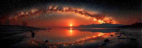 Stunning sunset over the lake with a vivid galaxy reflected in the water at night photo
