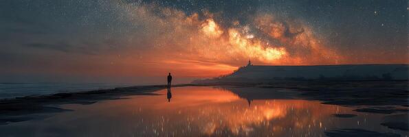 Stunning night sky with vibrant colors reflects on calm waters as a person walks along the shoreline photo