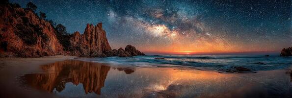 Captivating night sky over tranquil ocean shoreline with stars reflecting on calm waters photo