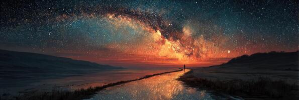 Stunning view of the Milky Way over a tranquil lake during dusk with a silhouetted figure enjoying the cosmic beauty photo