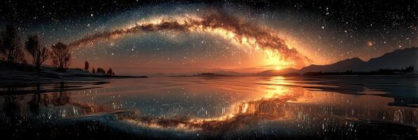 Stunning view of the Milky Way reflecting on calm waters at twilight photo