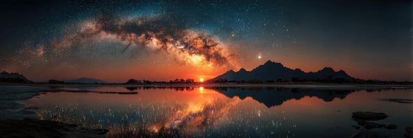 Majestic milky way galaxy reflects over tranquil lake at sunset with mountains in the background photo