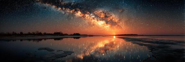 Stunning view of the Milky Way reflecting on a serene lake at twilight during a clear night photo