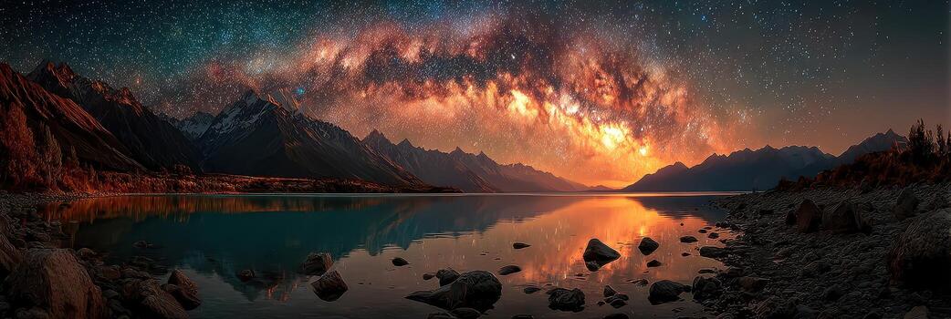 maravilloso ver de el lechoso camino terminado un sereno lago rodeado por montañas a oscuridad foto