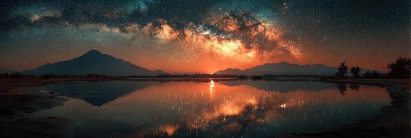 Starry night sky reflects over calm water with mountains in the background at twilight photo