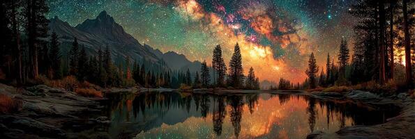 Majestic night sky with vibrant stars reflecting on a tranquil lake surrounded by mountains and trees at sunset photo